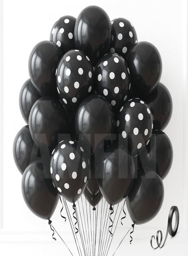 AMFIN (Pack of 50) Polka Dot Black & Solid Latex Black Party Balloons - Birthday Wedding, Baby Shower, Anniversary, Graduation, Halloween, New Year Decorations - Image 1